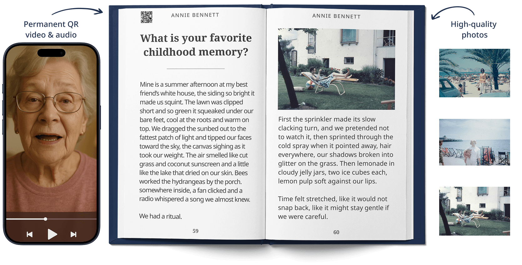 Open Keepsake book showing interior pages with high-quality photos, text, and scannable QR codes for accessing audio and video memories