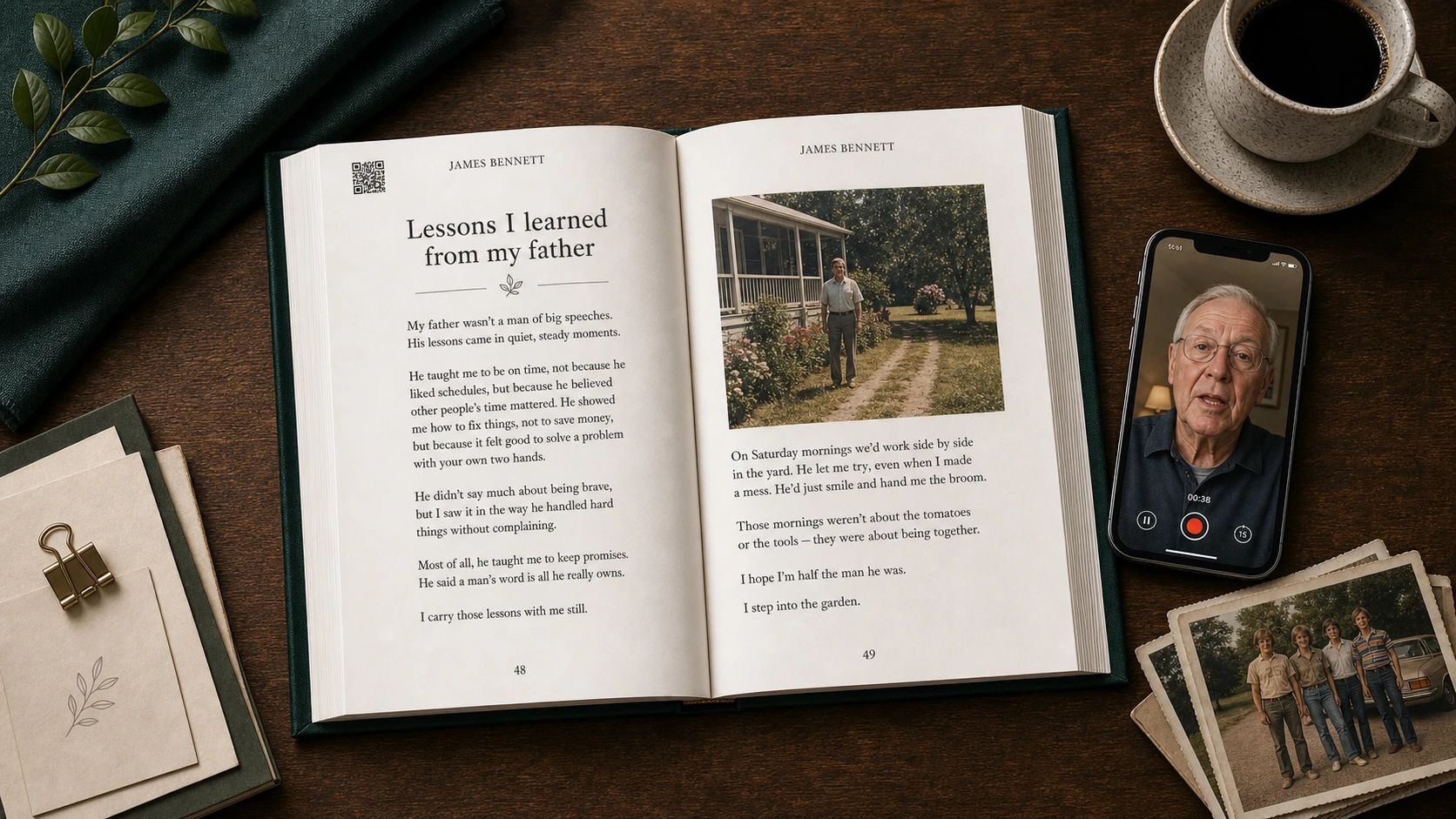 Open Keepsake book on a warm paper surface with printed story pages, one QR-linked memory, a grandfather recording on a phone, and family photos
