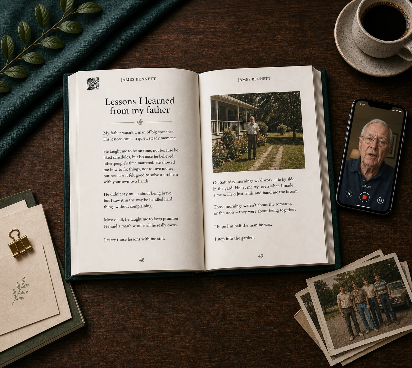 Open Keepsake book on a warm paper surface with printed story pages, one QR-linked memory, a grandfather recording on a phone, and family photos
