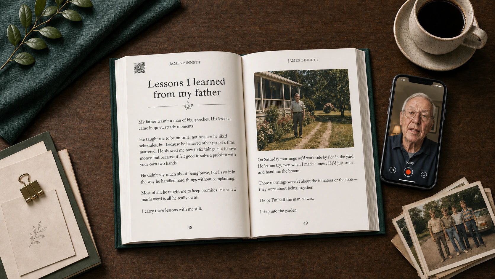 Open Keepsake book on a warm paper surface with printed story pages, one QR-linked memory, a grandfather recording on a phone, and family photos