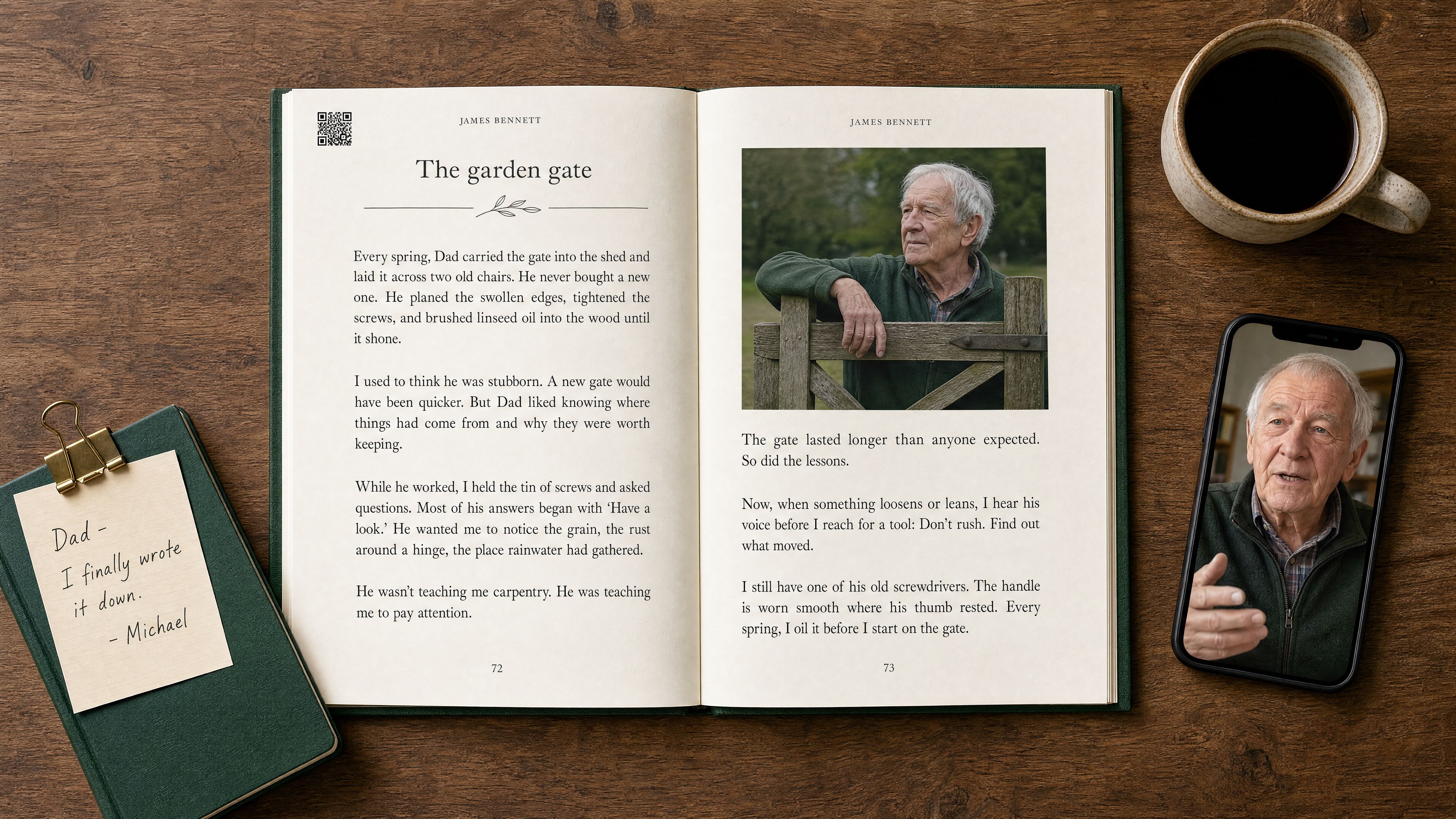 Open Keepsake book on a wooden table with a printed story, a QR-linked garden photograph, and a grandfather speaking in a phone video