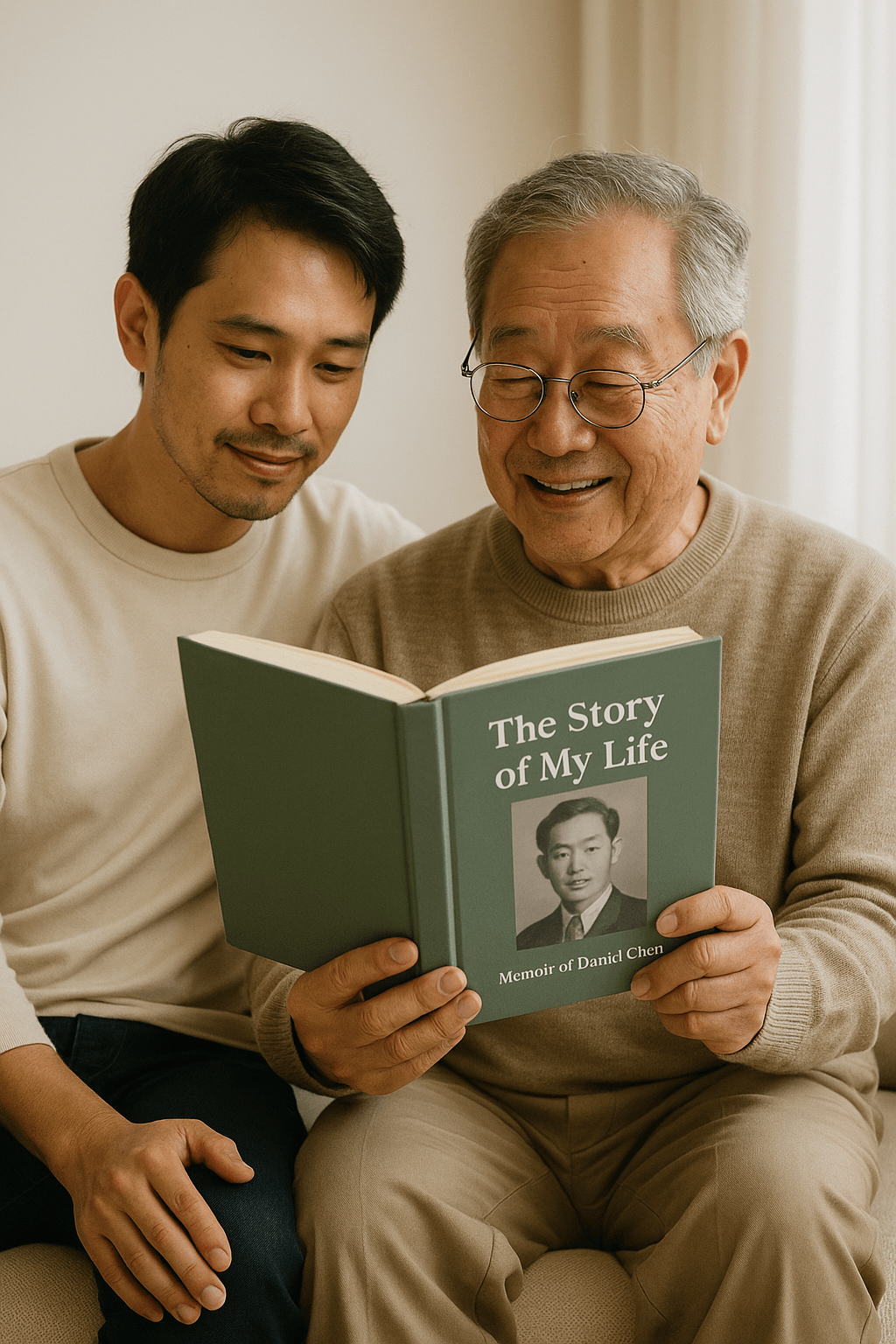 Grandfather and grandson reading The Story of My Life memoir book together